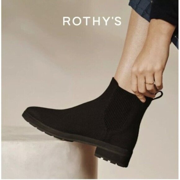 Rothys Womens Lug Merino Boot Sz 9 Black Wool Blend Pull On Chelsea Booties - Picture 1 of 9